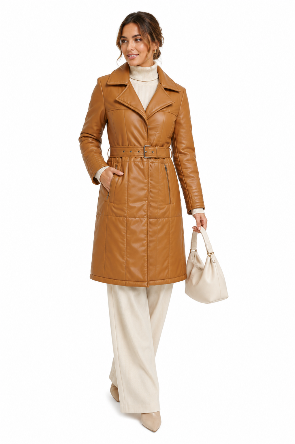 Kenneth Cole Camel Belted Faux Leather Coat