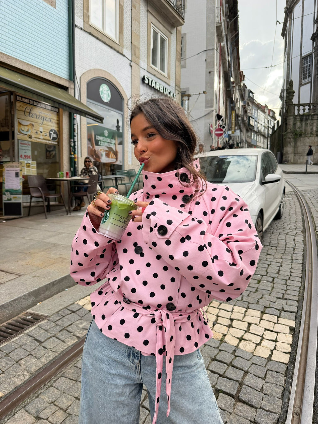Cropped High Neck Polka Dot Trench Coat in Pink