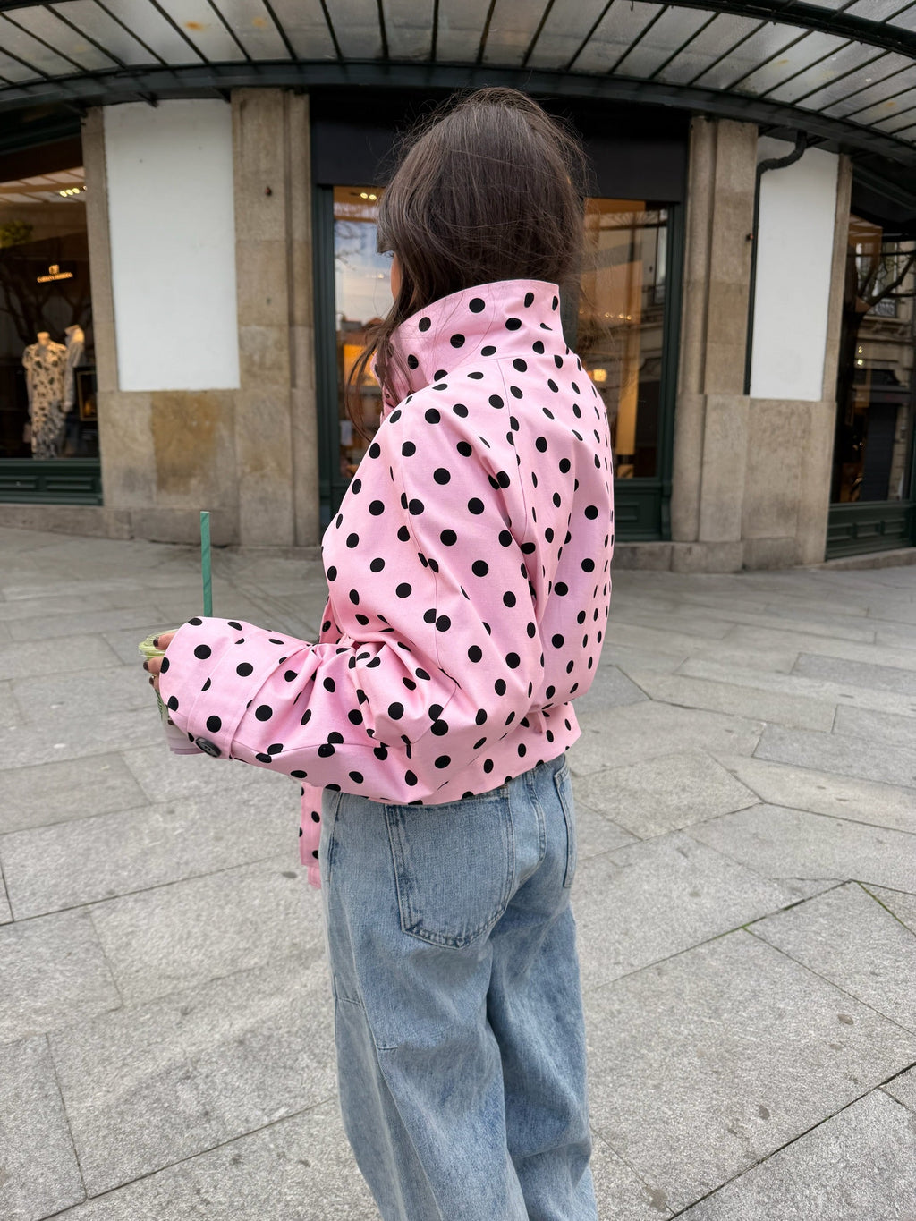 Cropped High Neck Polka Dot Trench Coat in Pink